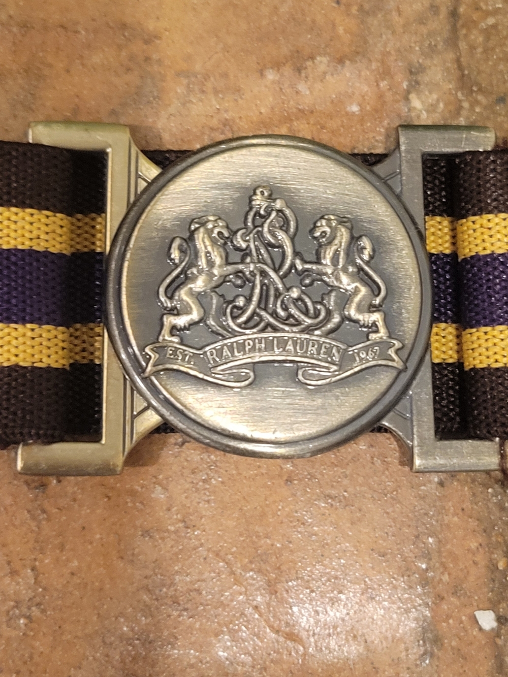 Vintage Ralph Lauren Brown, Yellow and Purple Striped Web Belt with Crest Buckle